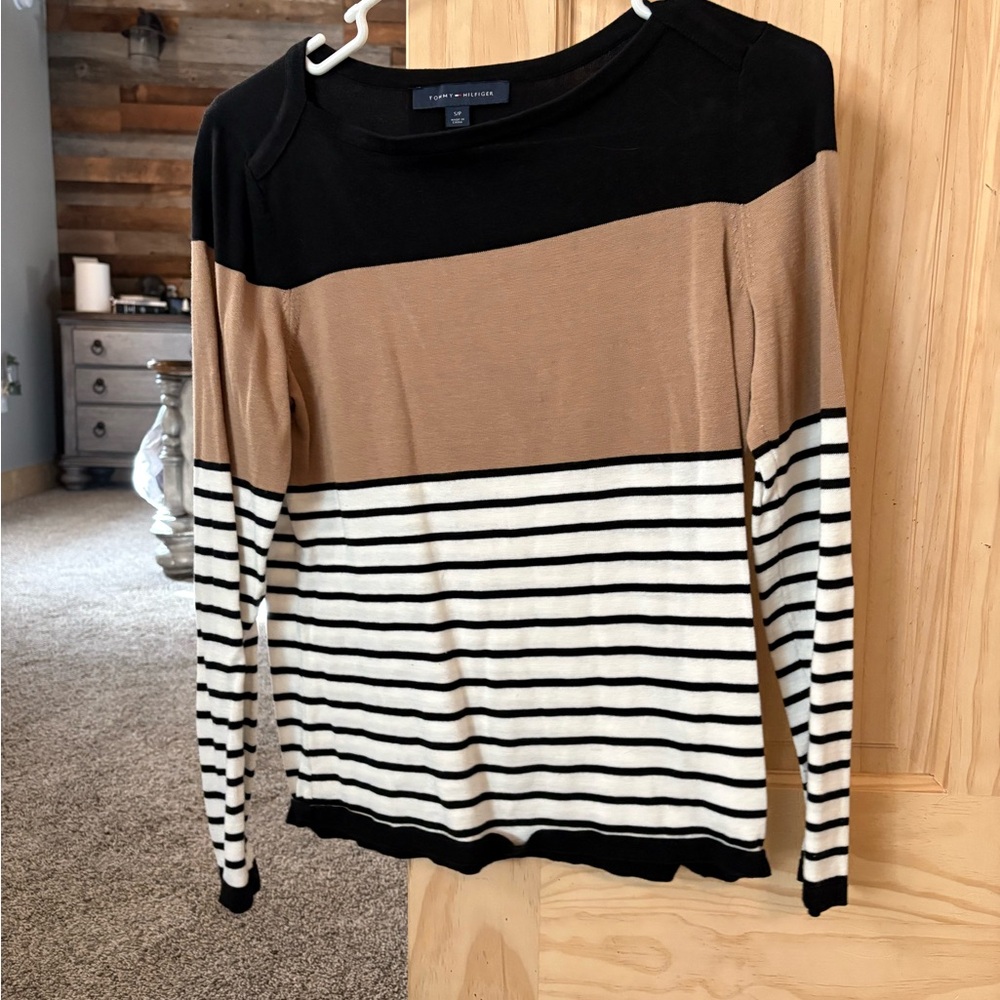 Tommy Hilfiger Black and Tan Striped Long Sleeve Top